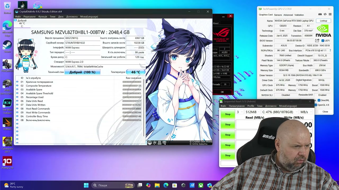 Результати CrystalDiskMark і температура SSD в ASUS ROG Zephyrus G14 GU405
