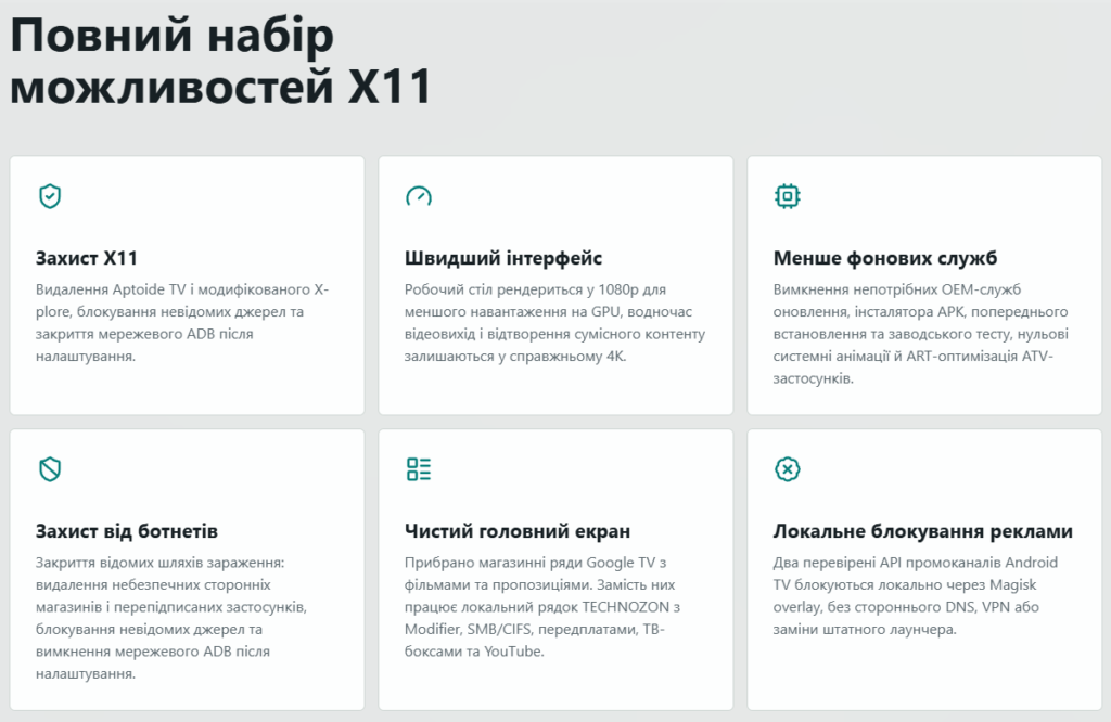Основні можливості TECHNOZON X11 Modifier: захист, швидший інтерфейс, чистий головний екран і блокування реклами