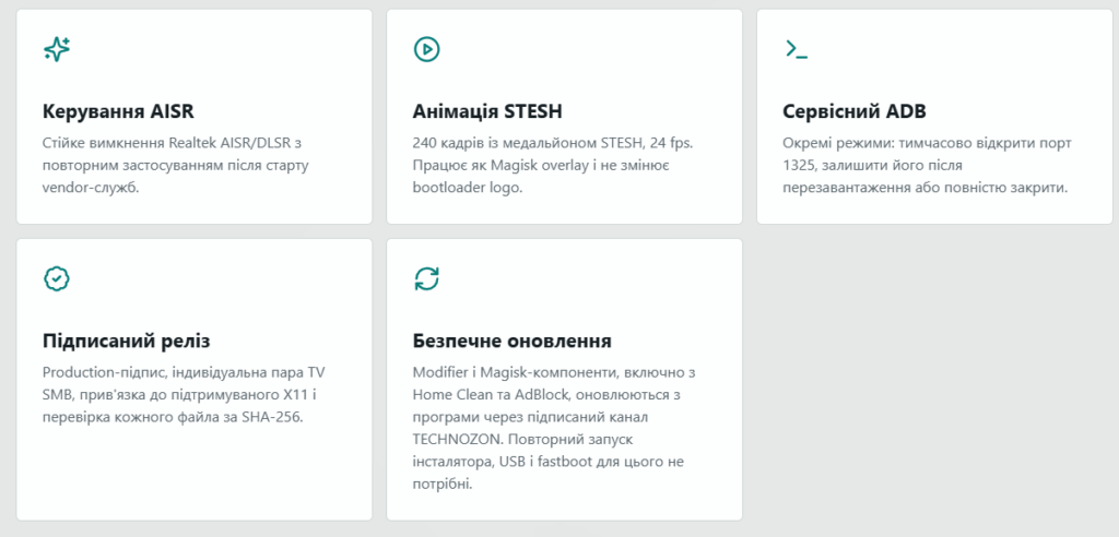 Керування AISR, сервісний ADB, анімація STESH і безпечні підписані оновлення TECHNOZON X11 Modifier