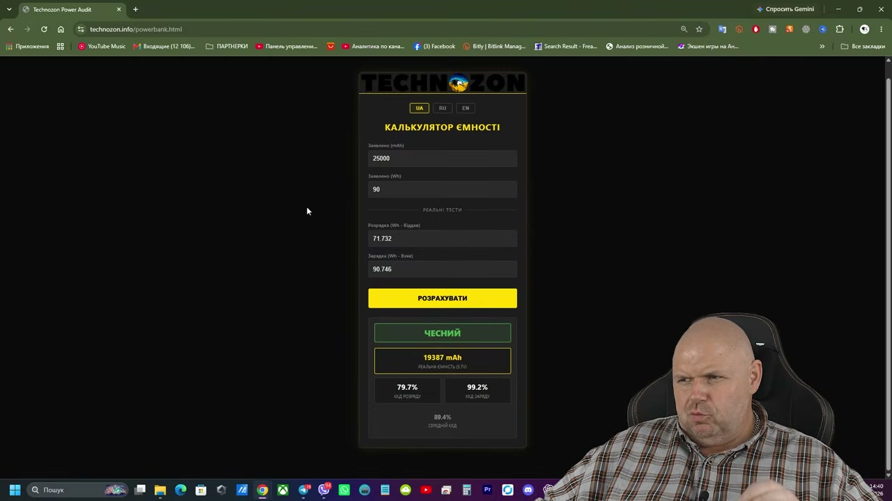 Результат тесту ємності ZIME Z5 у калькуляторі TECHNOZON